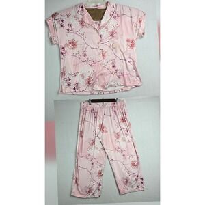 Jones New York Women's Pink Floral Pajama Set Top cropped Pants L/G Sleepwear